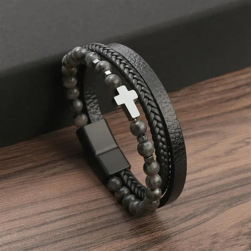 Fashion Cross Charm Mutilayer Leather Bracelet with Stainless Steel Clasp Men Punk Beaded Leather Bracelet For Men Jewelry Gift