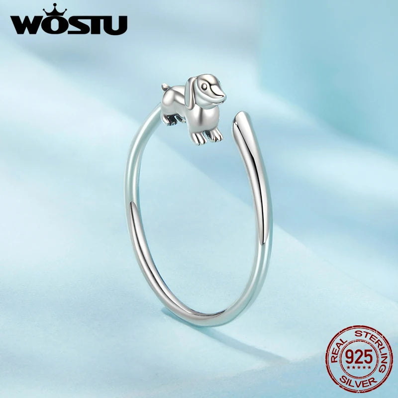 WOSTU 925 Sterling Silver 3D Dachshund Dog Cat Open Ring Women Cut Pet Paw Adjustable Rings Fine Jewelry Animal Lover Girl Gifts