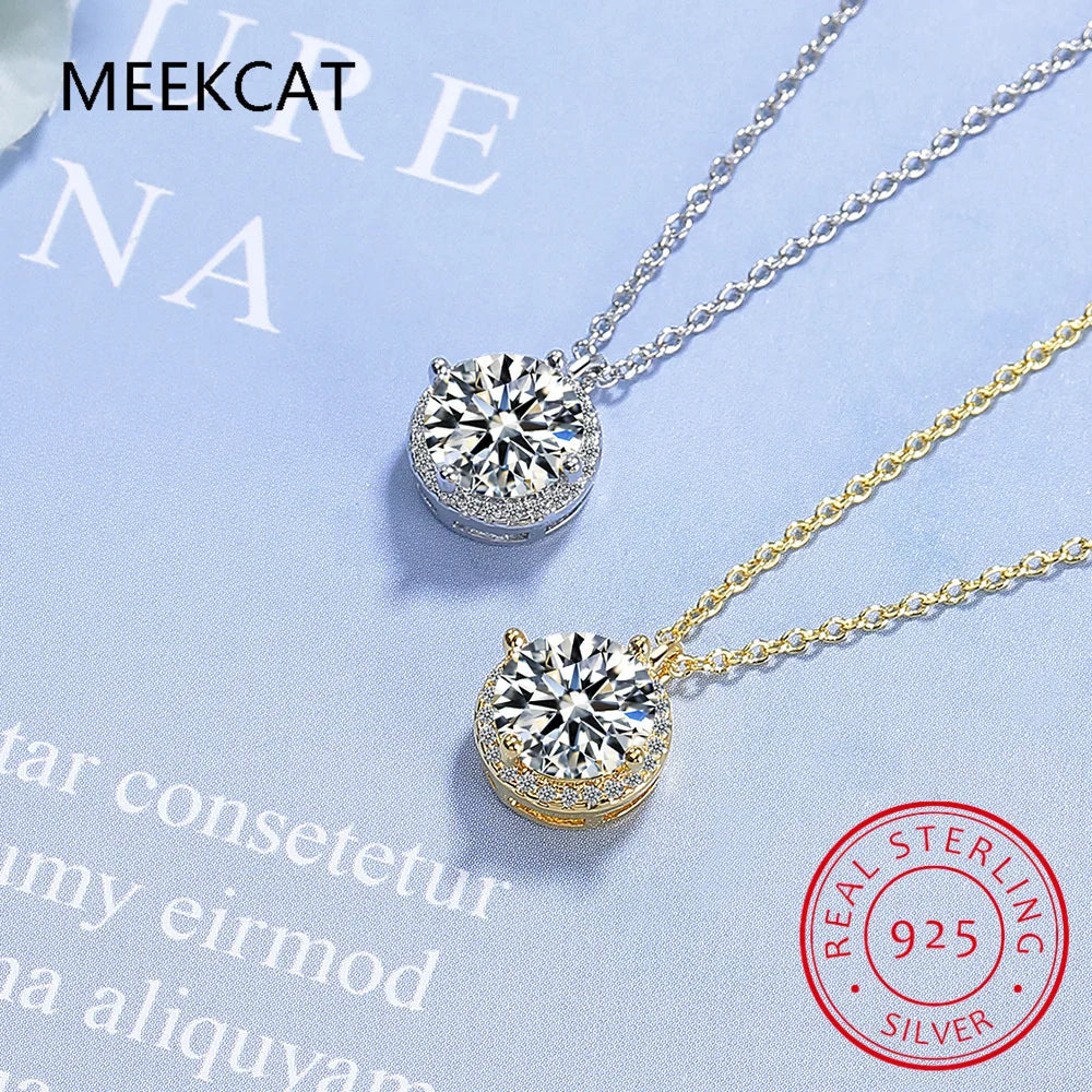 Collier pendentif solitaire en moissanite D de 6,5 mm et 1 carat, plaqué or 18 carats, chaîne en argent 925 véritable. Bijou pour femme.