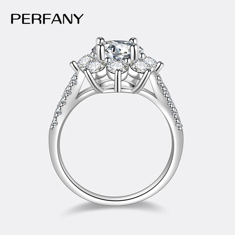 PERFANY 1-2CT Moissanite Ring for Women S925 Pure Silver Sunflower Design Laboratory Diamond Elegant Wedding Jewelry
