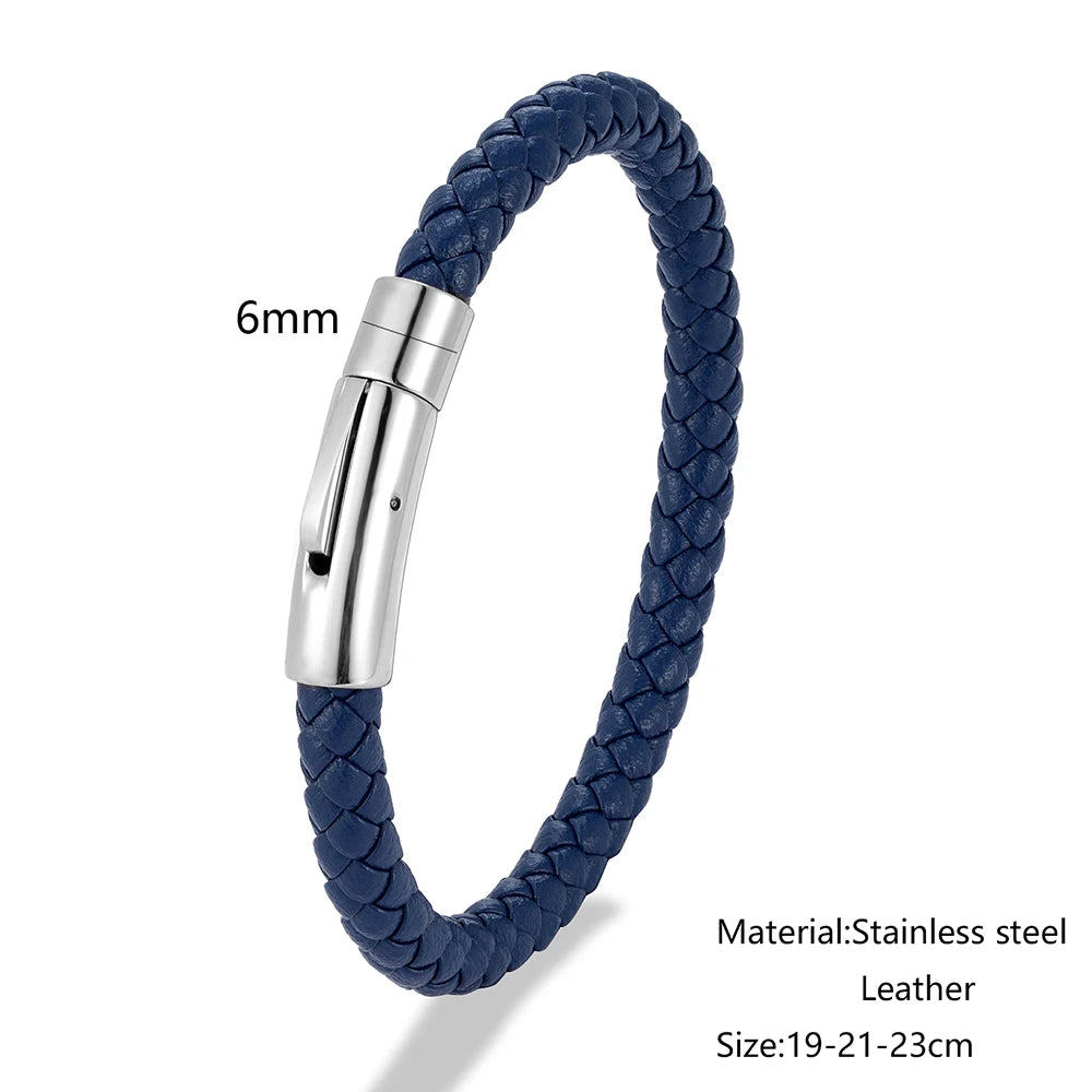 MKENDN 6 mm rotes geflochtenes Lederarmband für Damen und Herren, Edelstahlknopf, Schmuck, Unisex-Geschenk für Paare, klassisch schlichtes Design