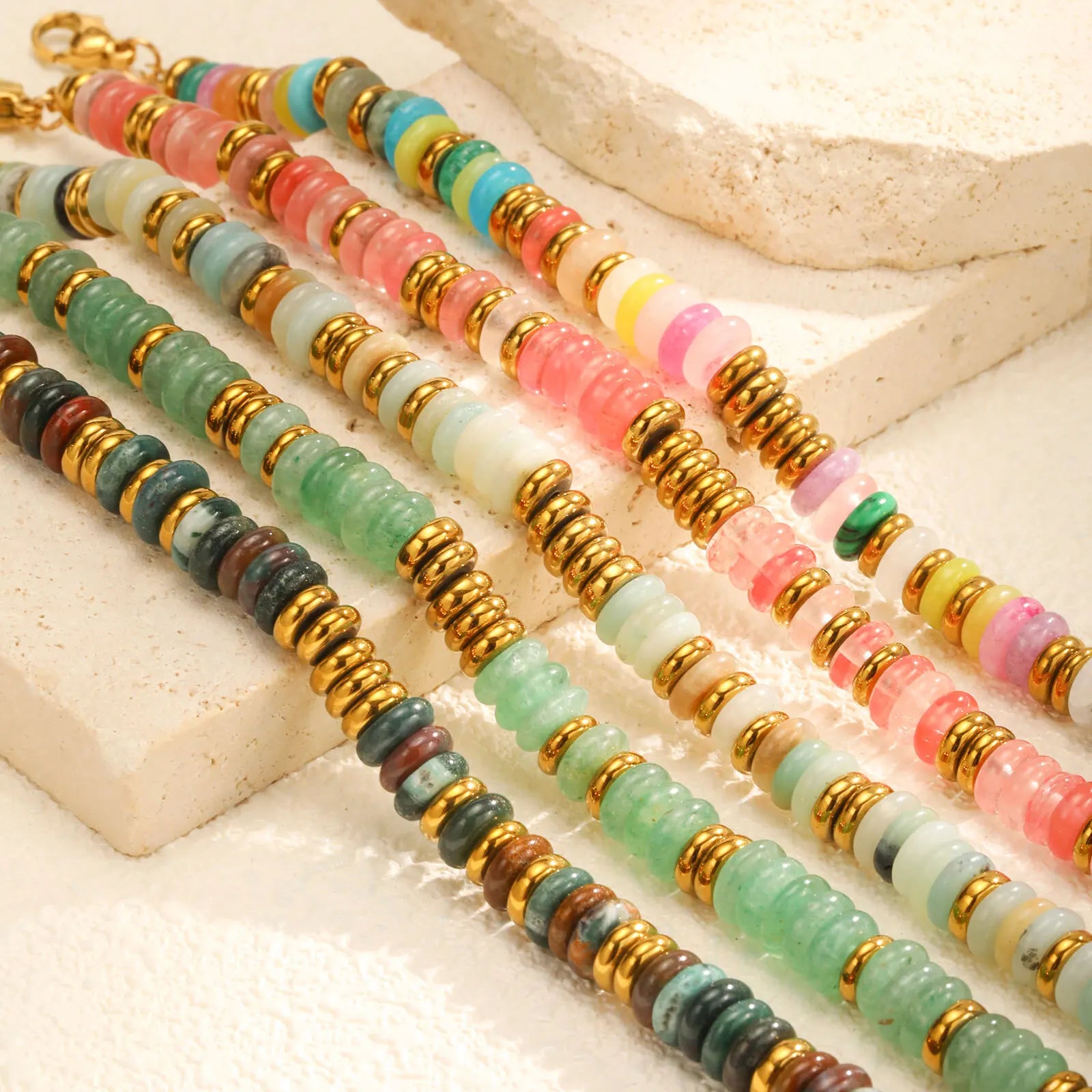 Vnox Multicolor Natural Stone Women's Bracelet Stainless Steel Gold Plated Flat Bead Chain Bracelet Female Jewelry Accessories