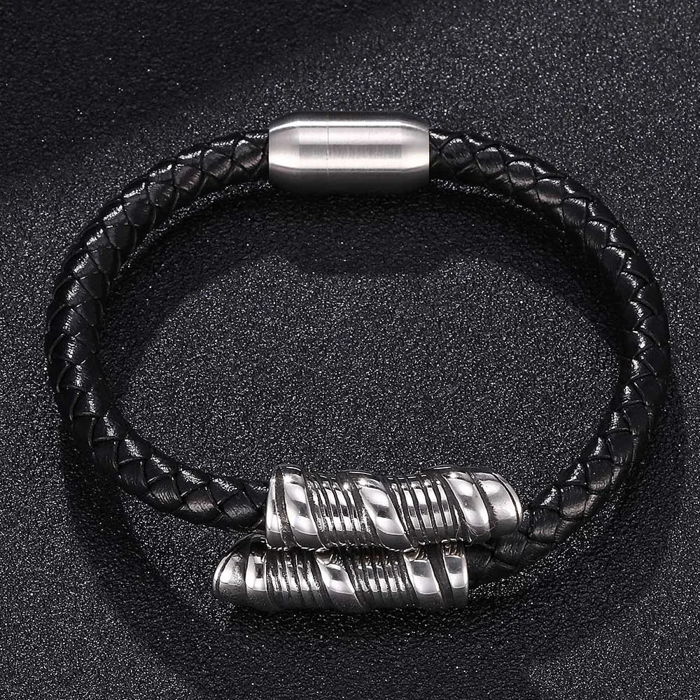 MKENDN Punk Style Men Jewelry Leather Braided Bracelets Stainless Steel Interlocking Black Bracelets Fashion Male Bangle Gifts