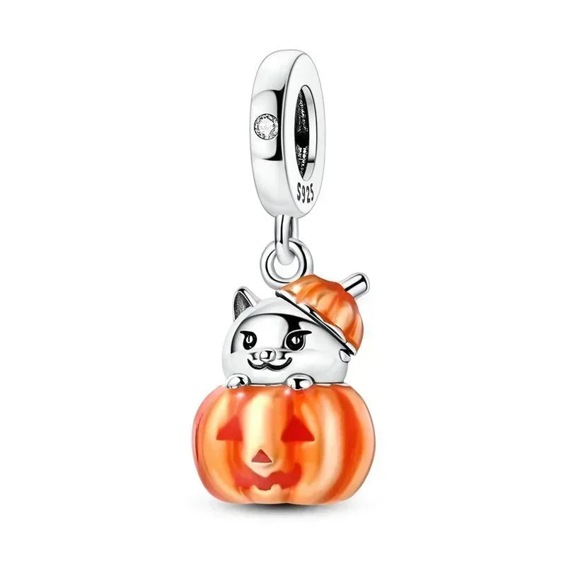 Halloween 925 Sterling Silver Skull Charm Luminous Pumpkin Bat Ghost Coffin Bead Pendant Ring Necklace Bracelet DIY Jewelry Gift