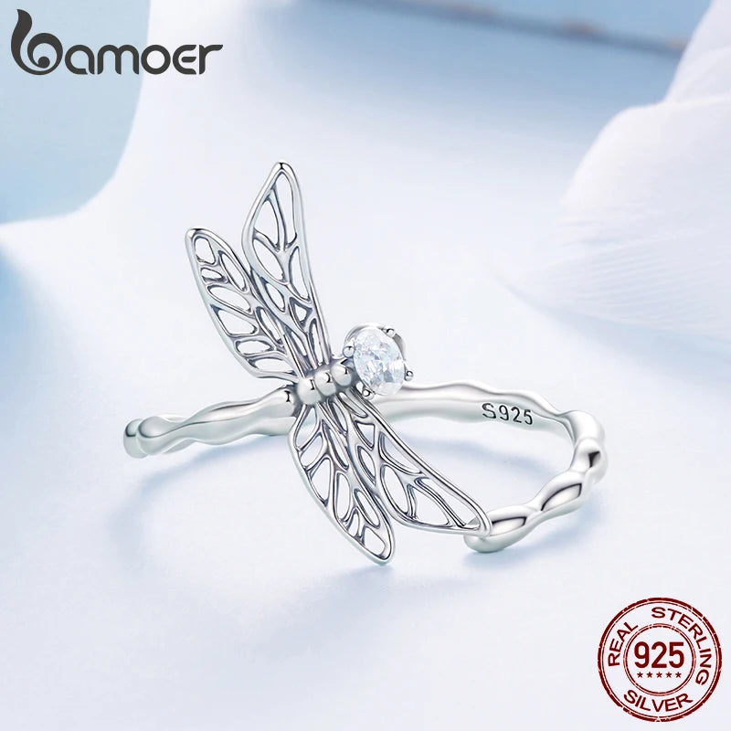 Bamoer 925 Sterling Silber Drehring Libelle Offener Ring Pave-Fassung Zirkonia Verstellbarer Insektenring für Damen Teenager Party Schmuck Geschenk