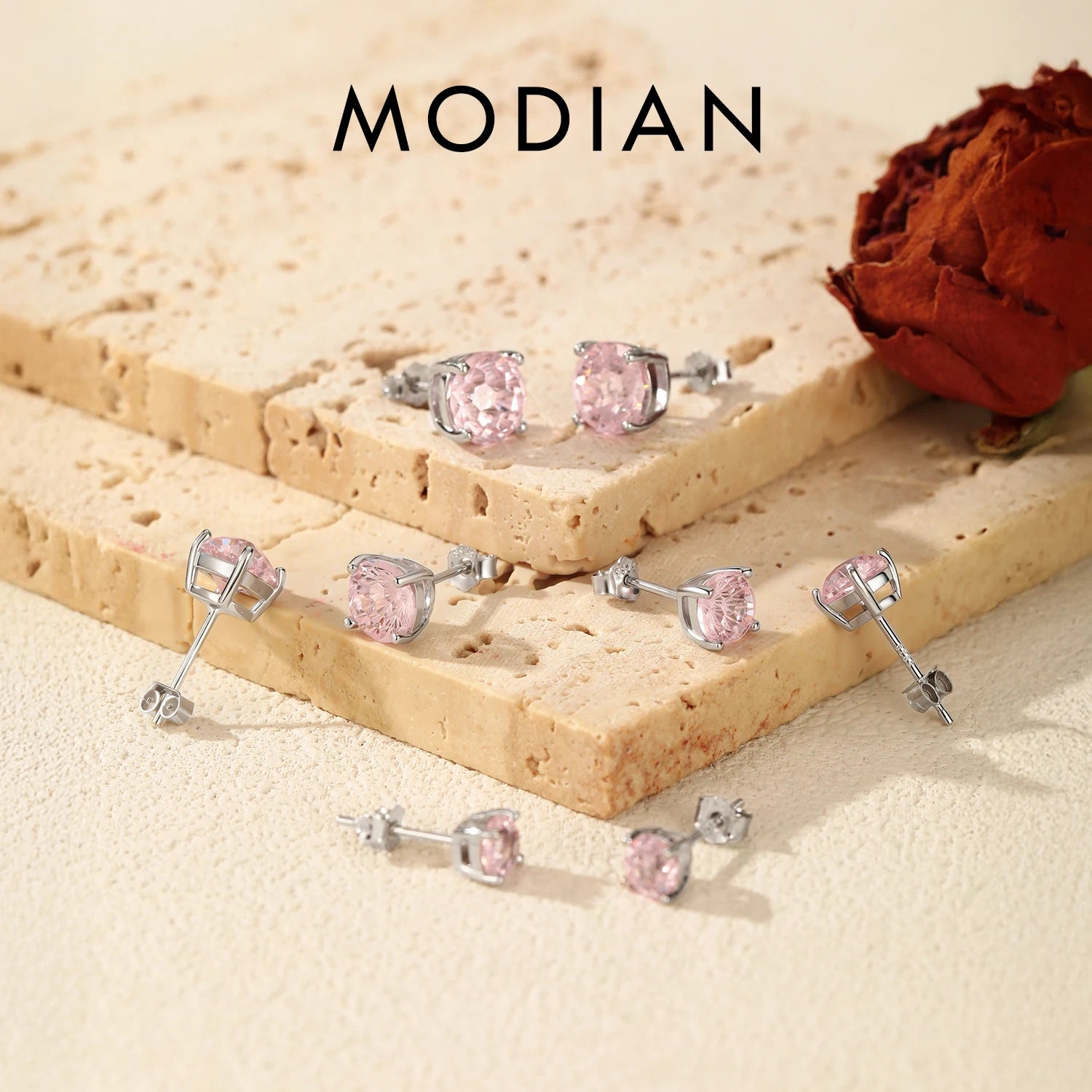 MODIAN 925 Sterling Silver Sweet Light Pink Round Firework Cut CZ Studs Earrings For Women And Men Fine Jewelry