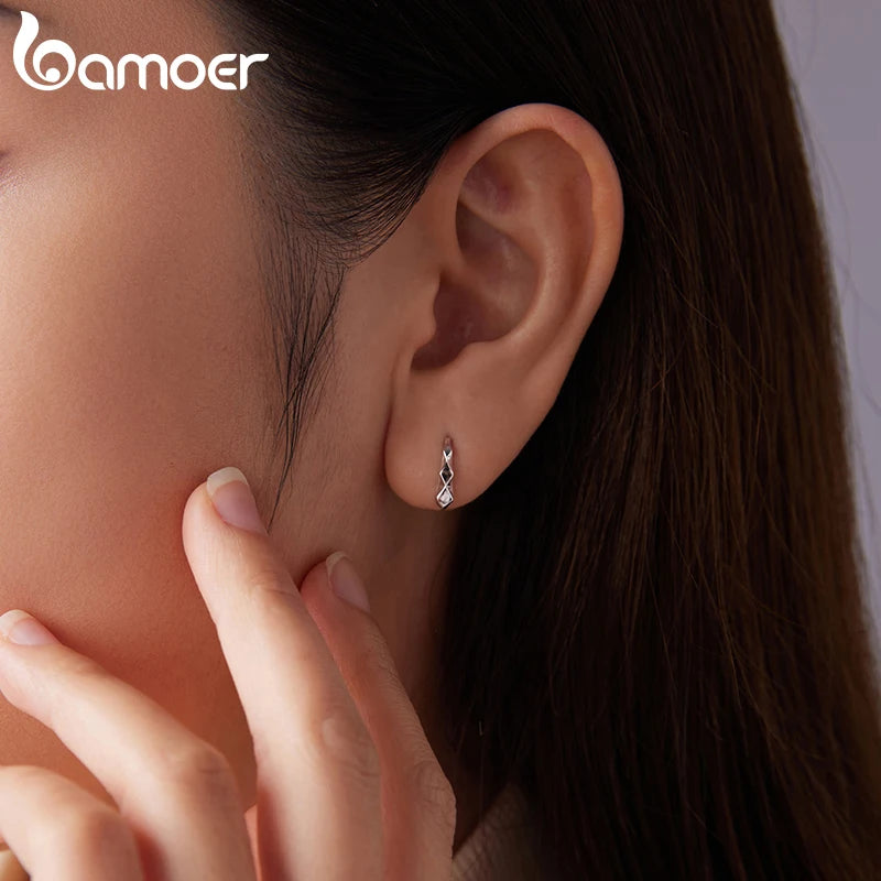 BAMOER 925 Sterling Silver Geometric Hook Earring Bold Diamond-shaped Original For Women Teens Birthday Gift Daily Jewelry