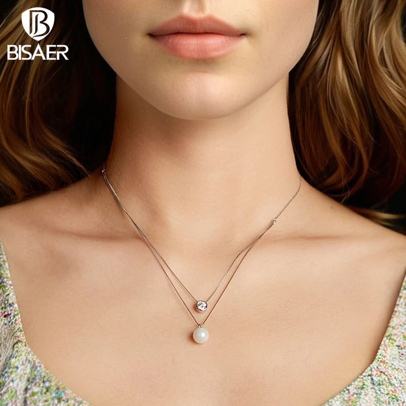 BISAER Moissanite & Pearl Double Layer Necklace VVS1 EX Delicate Lab 925 Sterling Silver Chain For Women Wedding Fine Jewelry