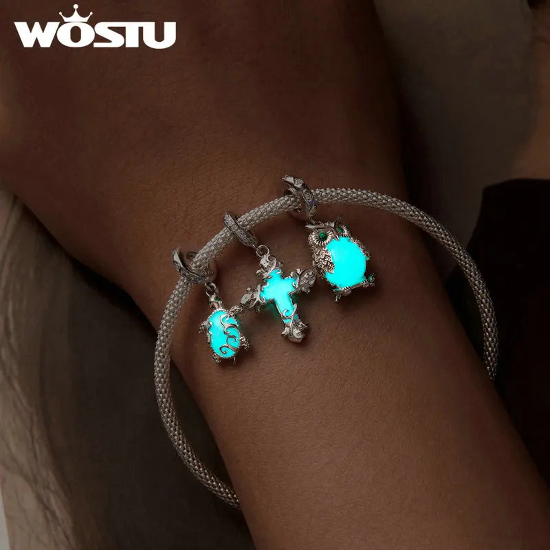 WOSTU 925 Sterling Silver Luminous Owl Charms Cross Pendant Firefly Glow in the dark Turtle Beads Fit DIY Bracelet Necklace Gift