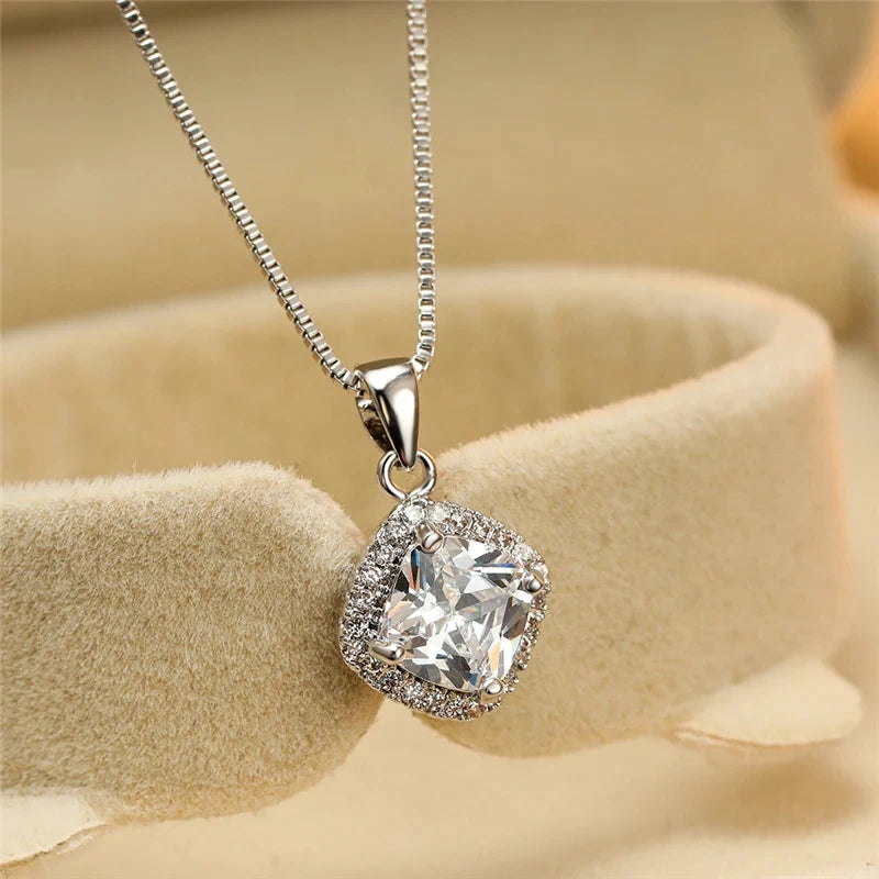 Huitan Elegant Cushion Shape Cubic Zirconia Pendant Necklace Silver Color Box Chain Exquisite Women Accessories Fashion Jewelry