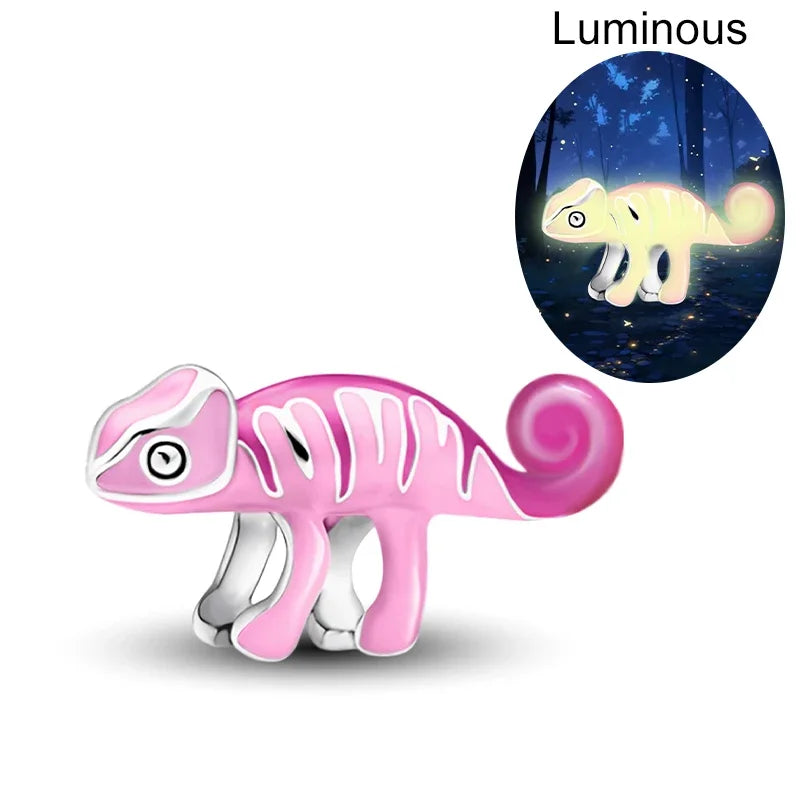 925 Sterling Silver Pink Chameleon  Luminous Firefly Dog Charms Bead Fit Diy Bracelet Bangle Making Gift of High Quality Jewelry