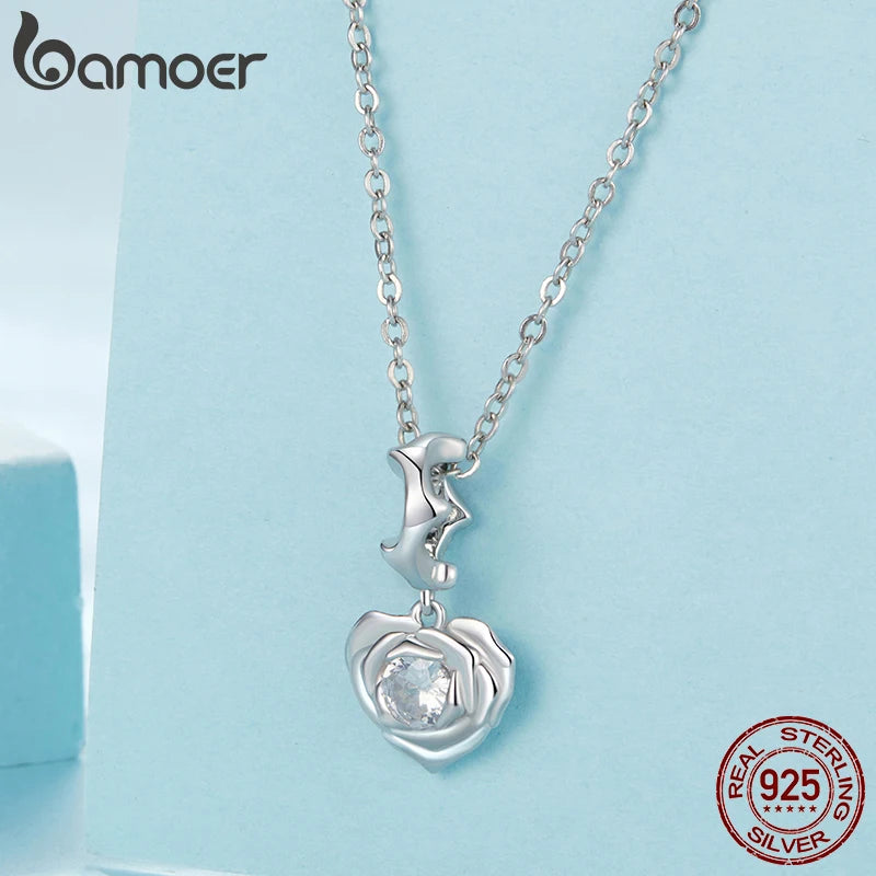 BAMOER Solid 925 Sterling Silver Rose Heart Charm Pendant fit Original Bracelet DIY Jewelry Accessories bamoer Flower Beads