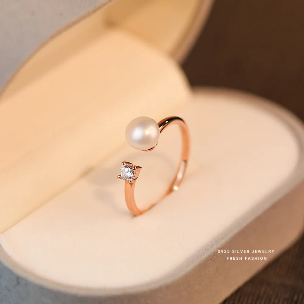 Bague géométrique en argent sterling 925 avec perles naturelles et zircon scintillant pour femme, accessoire de mariage raffiné