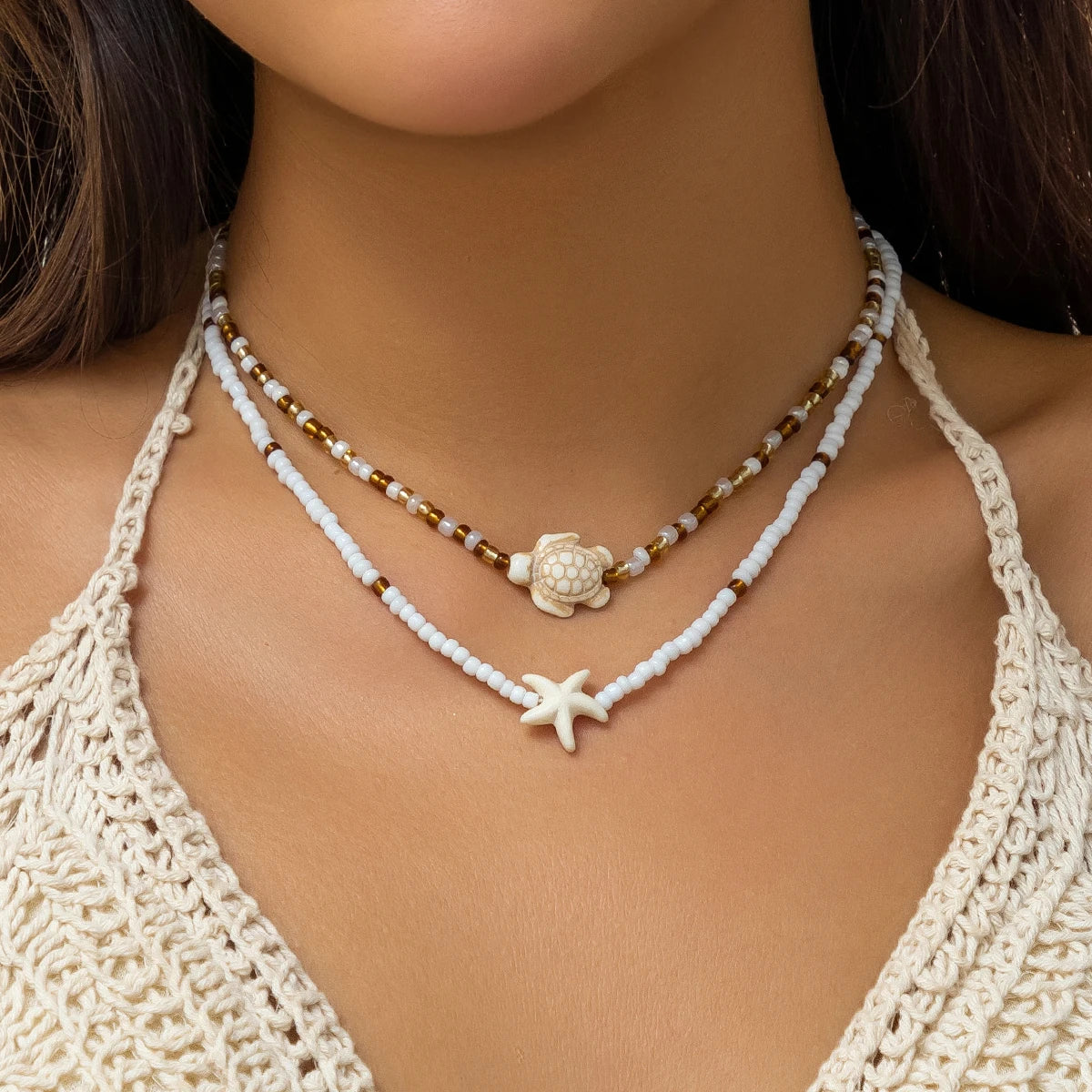 KunJoe Bohemian Halsketten-Set mit Seesternanhänger aus gemischten Reisperlen in verschiedenen Farben für Damen und Herren – modischer Strand-Choker, Schlüsselbeinschmuck