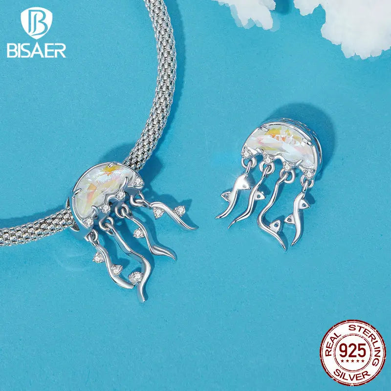 BISAER 925 Sterling Silber Fantasie Quallen Charm Bead Betta Fischschwanz Herz Anhänger Fit Frau Strand Party DIY Armband Schmuck