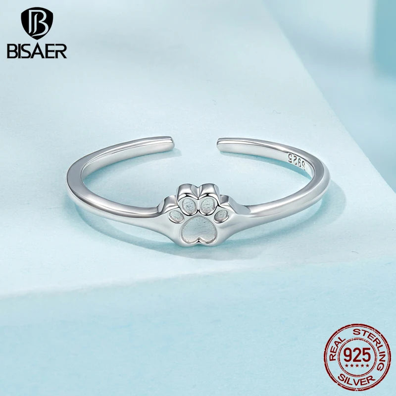 BISAER 925 Sterling Silver Cute Pet Paw Open Ring Adjustment Size 5-9 Band for Women Party Original Fine Jewelry ECR1125-E