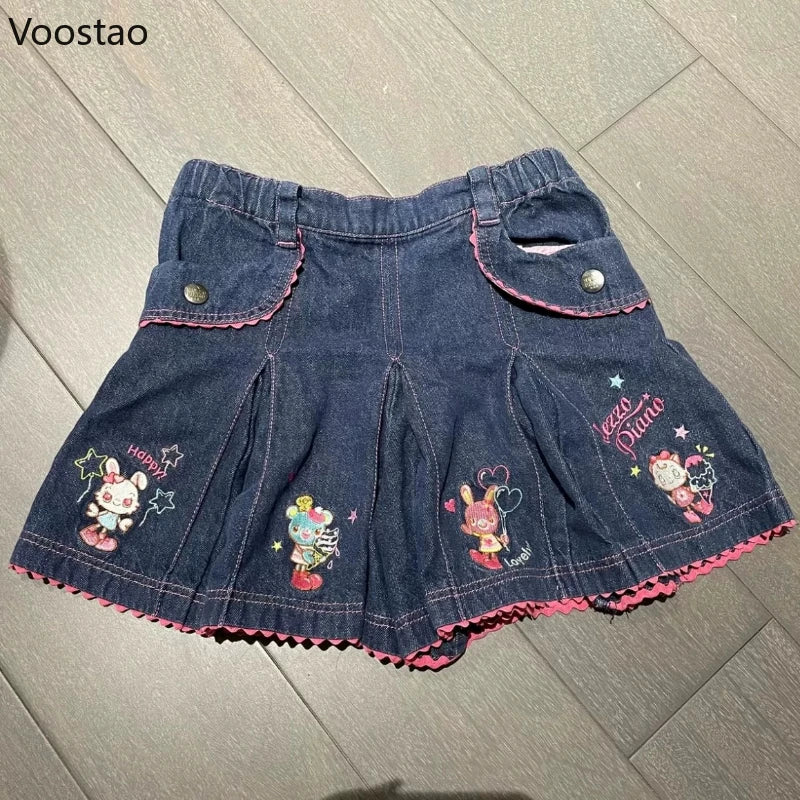 Japanese Kawaii Lolita Style Denim Skirt Women Sweet Cartoon Bunny Embroidery Mini Skirts Y2k Aesthetic Cute Party Short Skirt