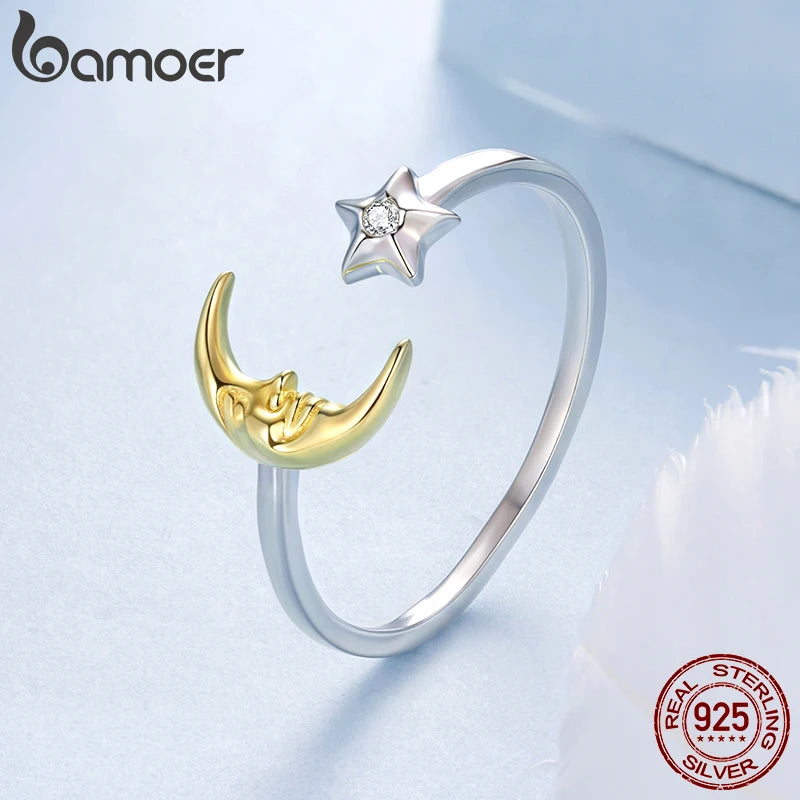 BAMOER Two-tones Moon&Star Open Ring 925 Sterling Silver Rings with Face Expression for Women Original Abstract Art Jewelry Gift