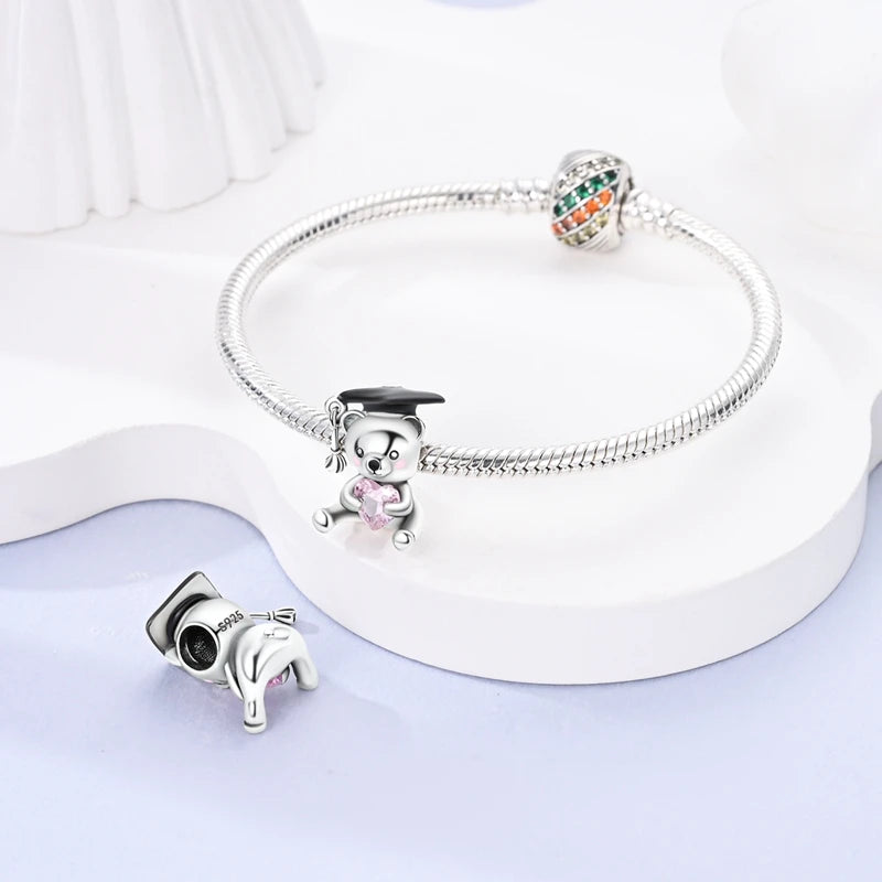 New 925 Silver Pink Rabbit Bear Cat Dog Animal Charms Beads Fit 3mm 925 Original Bracelets Fine DIY Birthday Jewelry