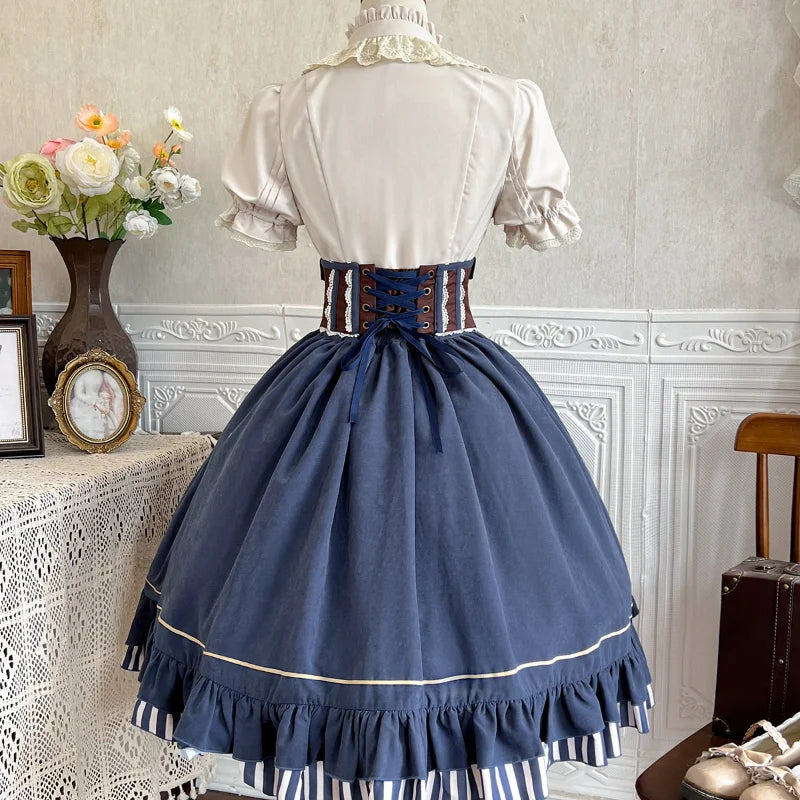 Vintage Gothic Lolita Dress Set Women Sweet Princess Puff Sleeve Shirt Girdle Y2k Skirt 3 Piece Set Punk Halloween Party Outfits