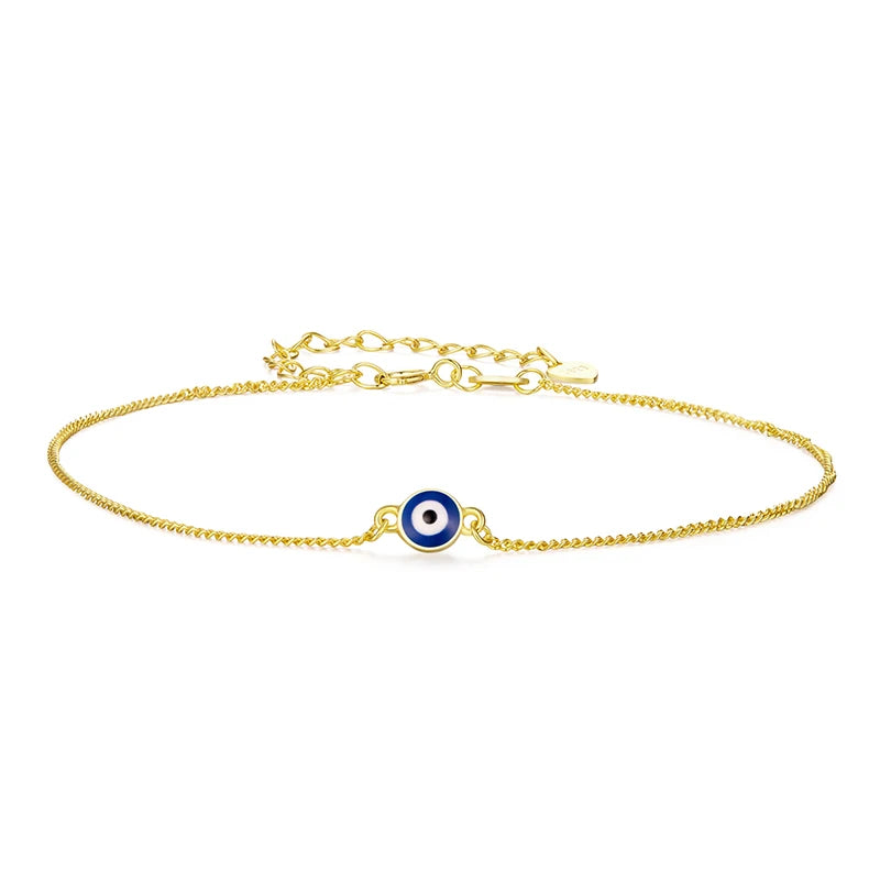 BAMOER 925 Sterling Silver Blue Evil Eye Charm Anklet for Women, Gold Plated Beach Party Trendy Jewelry Girl Guard Gift