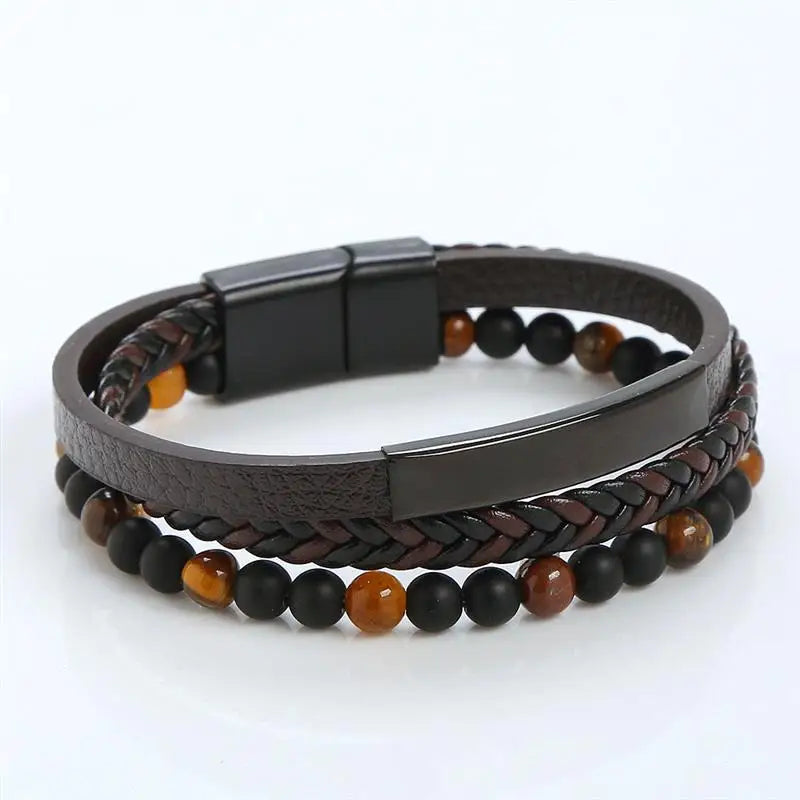 Fashion Cross Charm Mutilayer Leather Bracelet with Stainless Steel Clasp Men Punk Beaded Leather Bracelet For Men Jewelry Gift