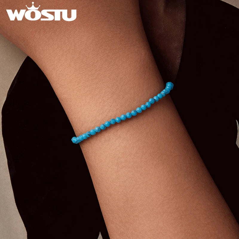 WOSTU 925 Sterling Silver Handmade Blue Green Turquoise Bracelet For Women Stackable Bohemia Chain Links Summer Jewelry Gift
