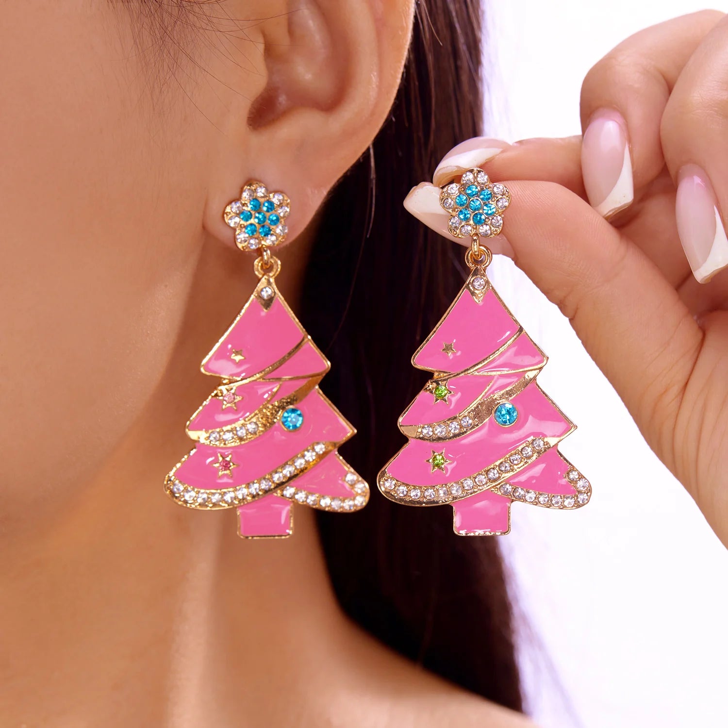 Creative Pink Christmas Tree Dangle Earrings For Women Crystal Zircon Heart Xmas Tree Hat Bell Earring Party Festival Jewelry