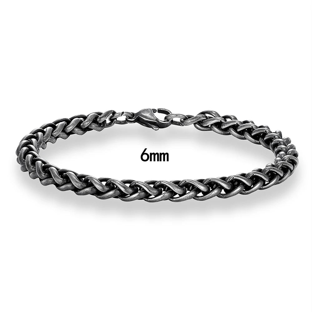 MKENDN Thickness 2/3/4/5/6mm Vintage Oxidized Black Wheat Braided Stainless Steel Bracelet Classic Curb Link Chain for Men Women