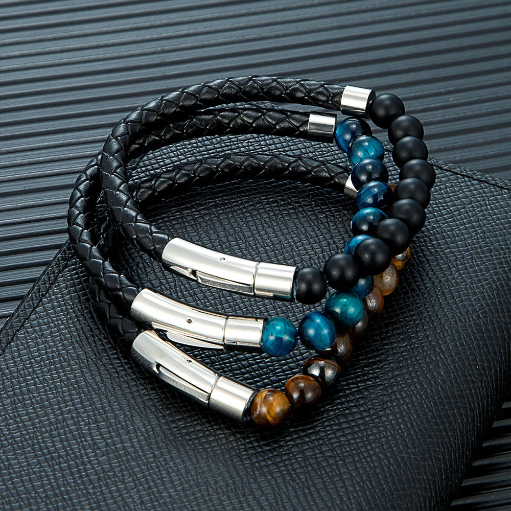 MKENDN Reiki Blue Apatite Bead Bracelet Men Women Braided Leather Natural Stone Blood Circulation Stimulate Enthusiasm Jewelry