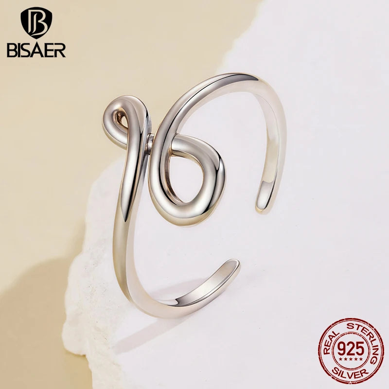 BISAER 925 Sterling Silver Infinite Sleek Open Ring Minimalist Metal Adjustable Band Plated White Gold for Women Fine Jewelry