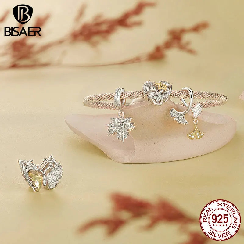 Pendentif feuille de ginkgo en argent sterling 925 BISAER - Perle de charme feuille de papillon ginkgo - Automne - pour bracelets à faire soi-même - Bijoux fins - Cadeau
