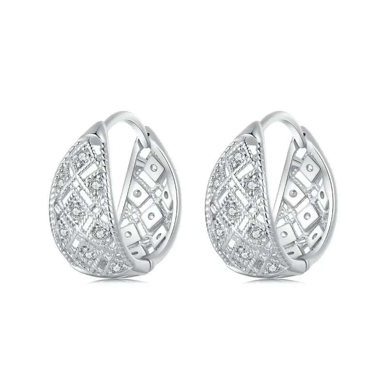 WOSTU Real 925 Sterling Silver Wedding Lace Hoop Earrings For Women Hollow Shiny Zircon Ear Buckles Engagement Party Gift