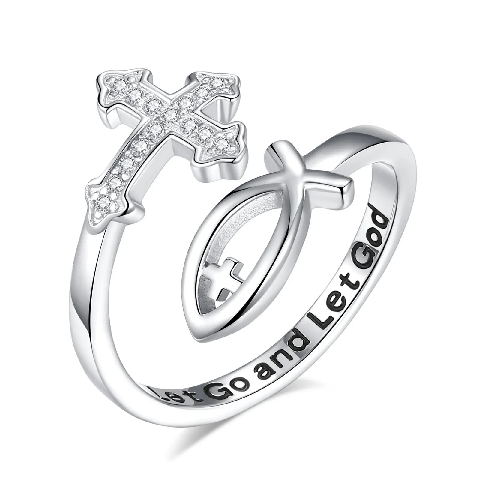 Bague réglable en argent sterling 925 Eudora avec croix de Jésus et poisson pour femme, bijou chrétien béni avec croix Ichthus, cadeau idéal pour maman