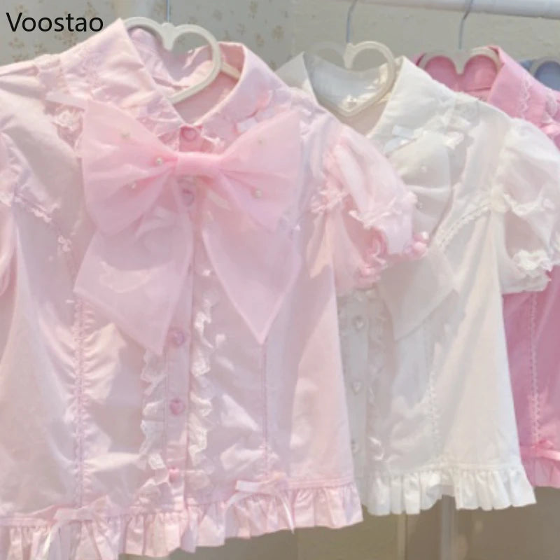 Japanese Vintage Elegant Lolita Shirt Women Classical Sweet Long Sleeve Ruffles Bow Casual Blouses Tops Victorian Gothic Blusas