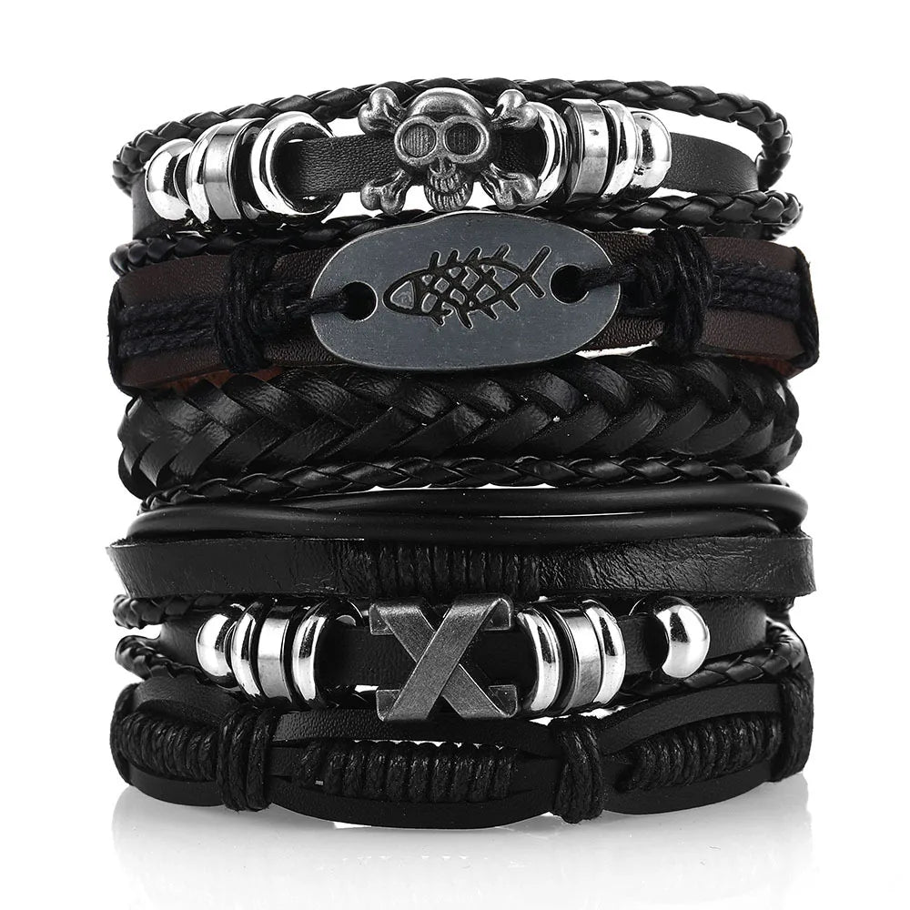 8 Fashion Bracelet Viking Bracelet For Men Hand Bracelets Woven Skull Hand Jewelry Adjustable Leather Set Bracelet For Leather