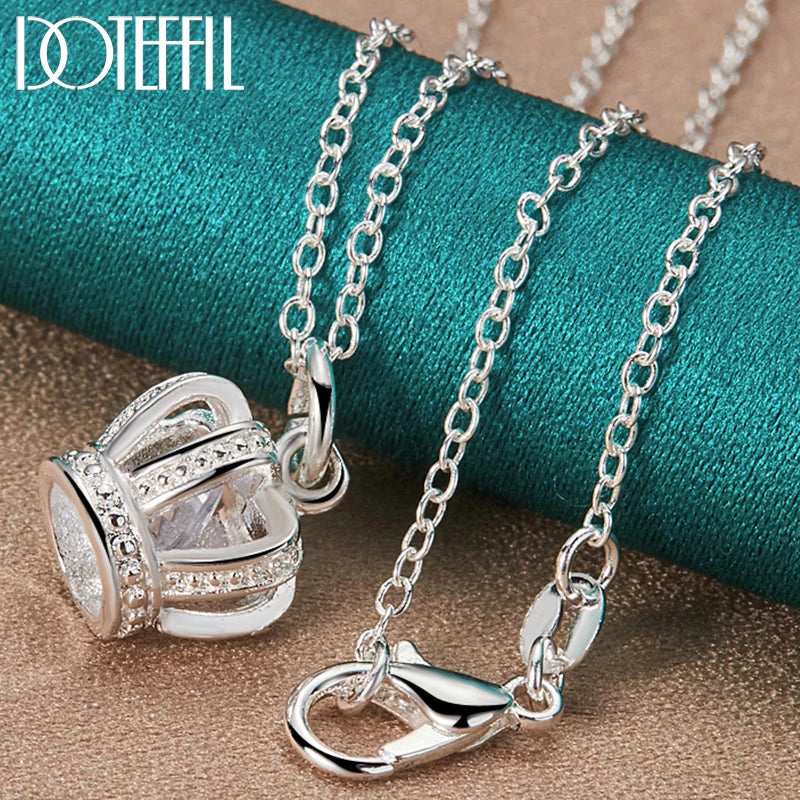 DOTEFFIL 925 Sterling Silver AAA Zircon Crown Pendant Necklace 18 Inch Chain For Woman Fashion Wedding Engagement Party Jewelry