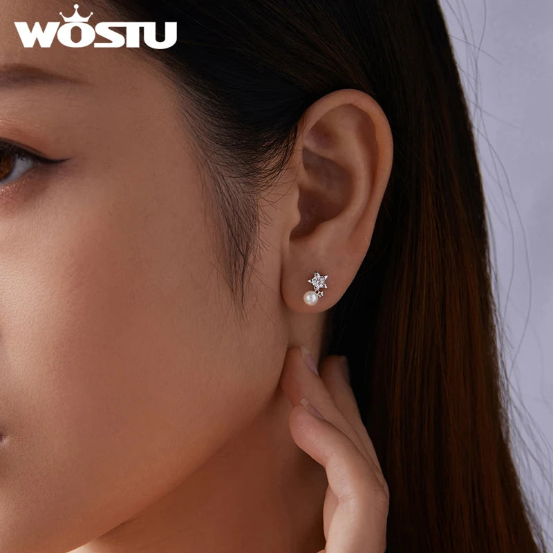 WOSTU 0.4 CT moissanite Star Stud Earrings For Women , 925 Sterling Silver Pearl Moissanite Stacking Studs Earring Xmas Gift