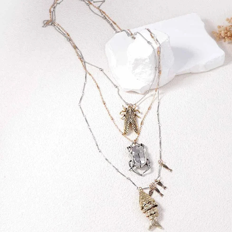 ZZAA Personalized Trendy Insect Beetle Knows Fish Pendant Multi Layer Necklace