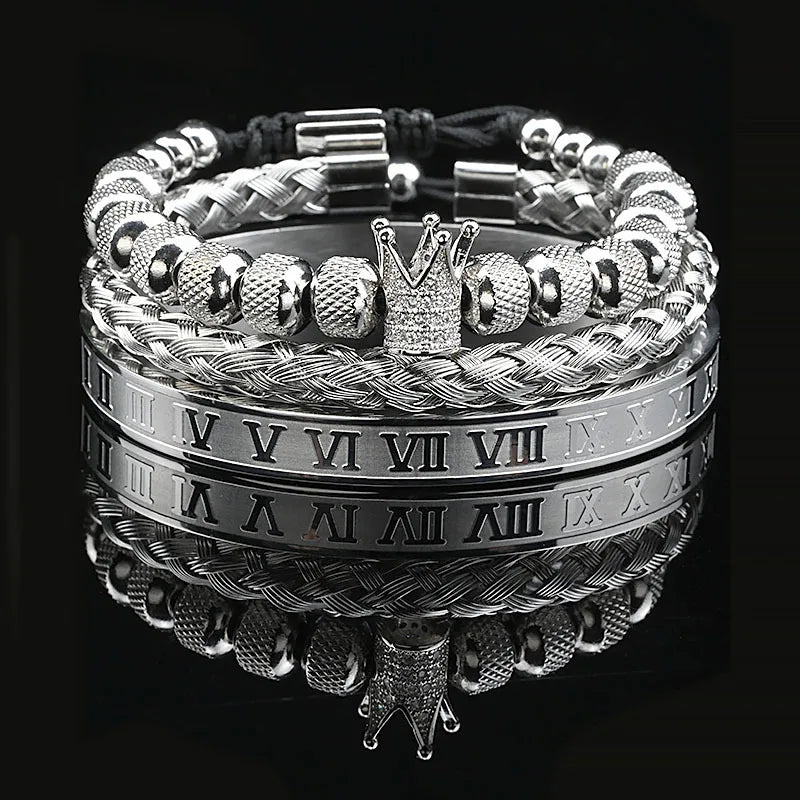 Luxury Black Stone Beads Leopard Head Man Bracelet Enamel Stainless Steel Roman Bangles Women Jewelry Set