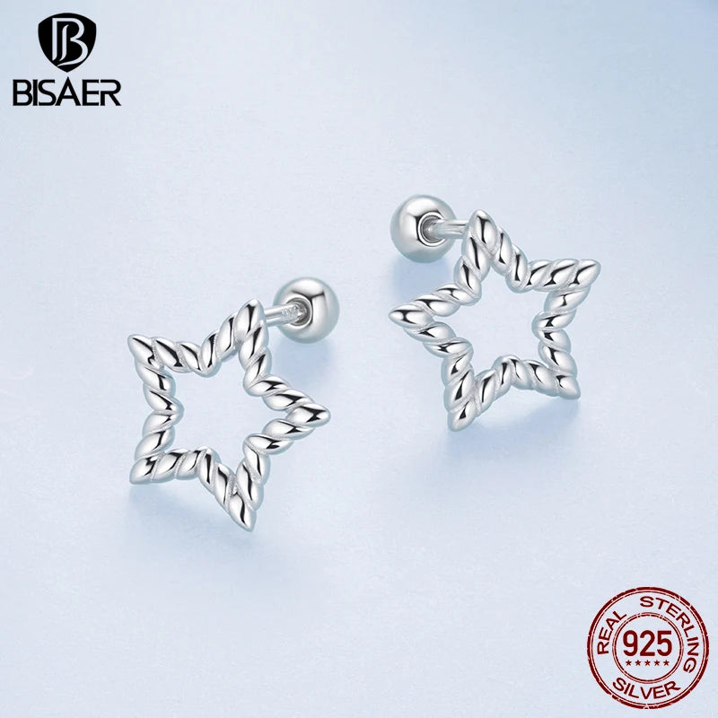 BISAER 925 Sterling Silver Star Stud Earrings Minimalist Stars Earrings Plated White Gold for Women Party Original Fine Jewelry