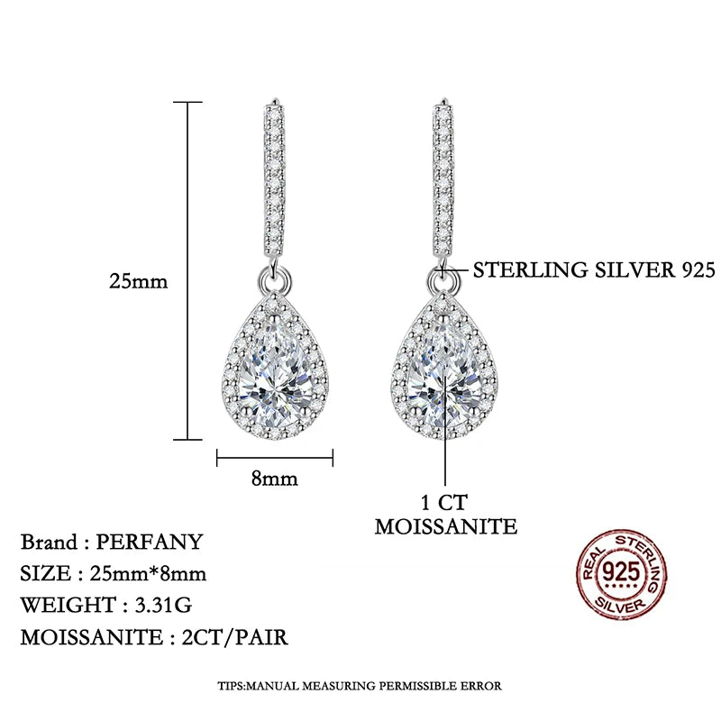 PERFANY 1CT Pear Cut Moissanite Earrings for Women S925 Pure Silver Laboratory Cultivated Diamonds Elegant Wedding Jewelry - Madeinsea©
