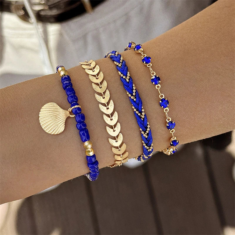 4pcs/set Bohemia Shell Bracelets for Women Ethnic Style Colorful Zircon Rice Beads Metal Chain Bangles Girl Summer Beach Jewelry