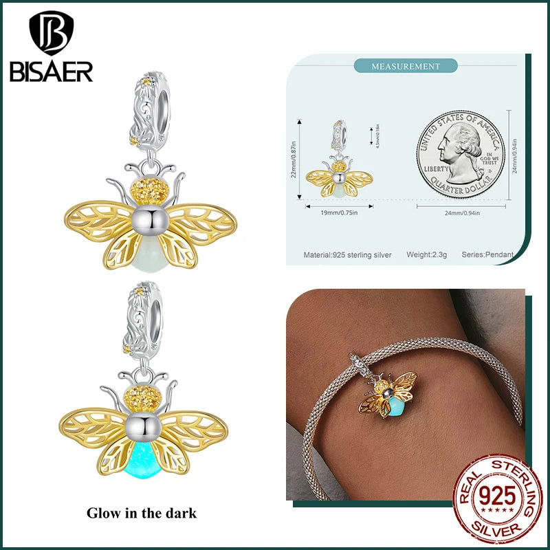 BISAER 925 Sterling Forever Luminous Star Wishing Bottle Charm Bead Moon Cat Owl Pendant Fit Women DIY Bracelet Fine Jewelry