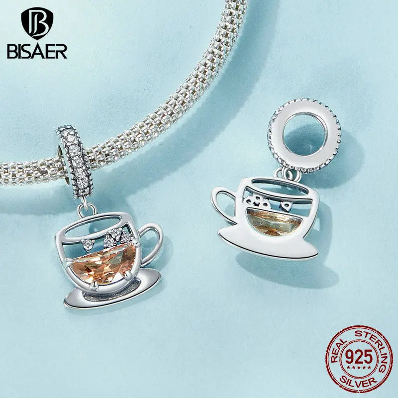 BISAER 925 Sterling Silver Donut Pendant Sweet Candy Coffee Summer Drinks Charm Bead for Women DIY Bracelet Fine Jewelry Gift
