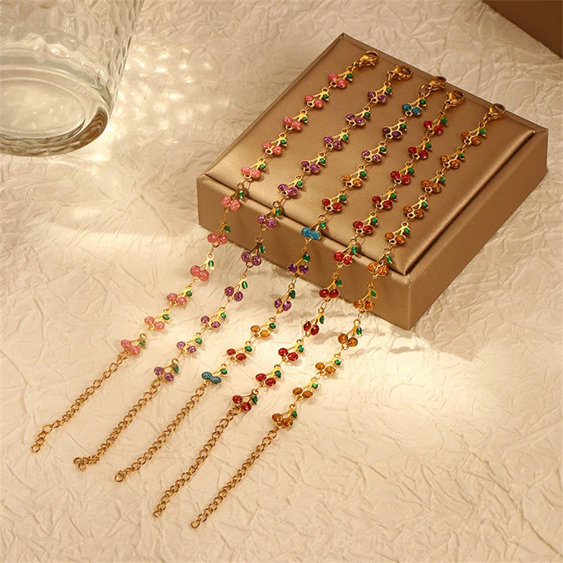 Stainless Steel Charm Cherry Bracelet for Women Bohemian Colorful Fruit Metal Chain Bracelets Girl Party Holiday Wrist Jewelry
