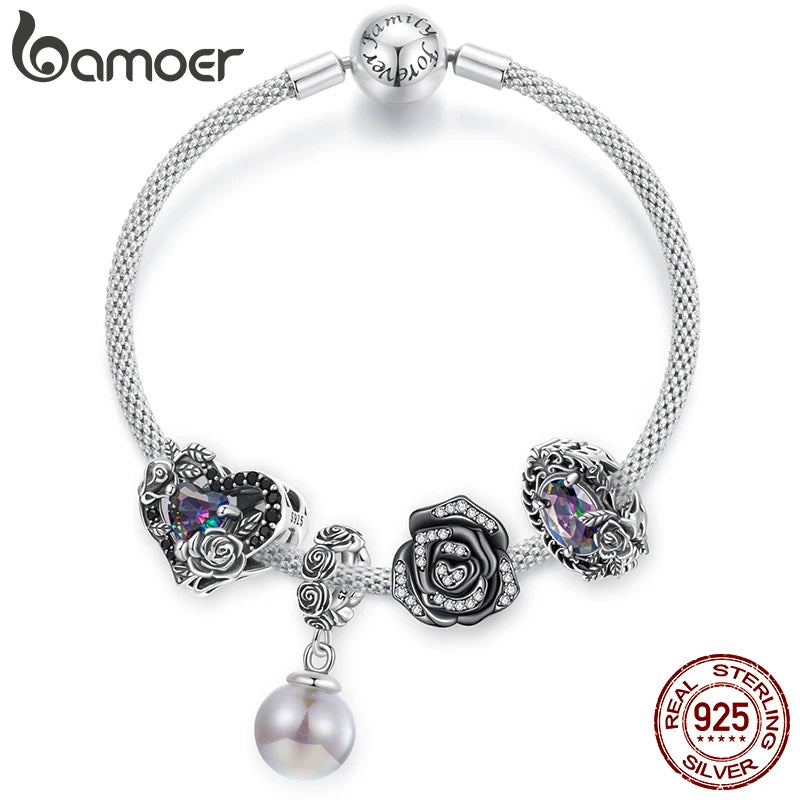 Bamoer 925 Sterling Silver Dark Rose Silicone Beads Vintage Flower Pearl Pendant for Women DIY Bracelet Accessories Punk Gift