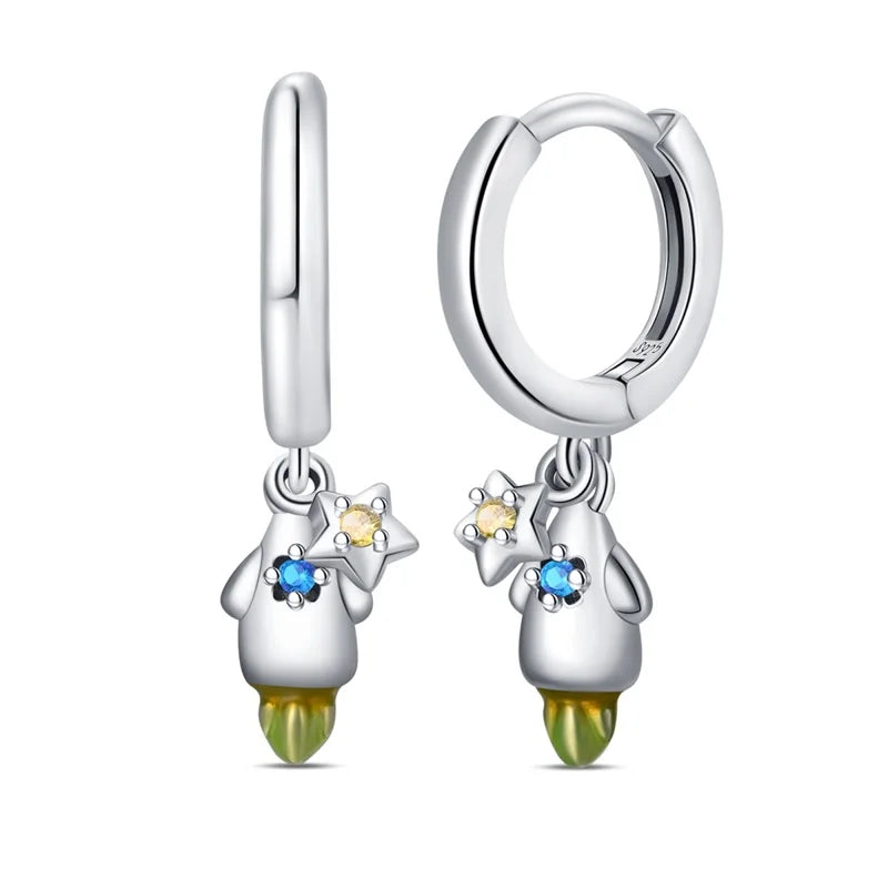 Classic Earrings For Women Girls 925 Silver Sparkling Four Leaf Clover Dragonfly Bees Double Hoop Earrings Luxury Party Jewelry