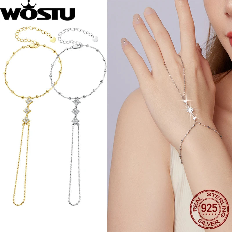 WOSTU 925 Sterling Silver Ring Chain Bracelet Star  White Gold Elegant Original for Women Adjustable Lucky Gift Fine Jewelry