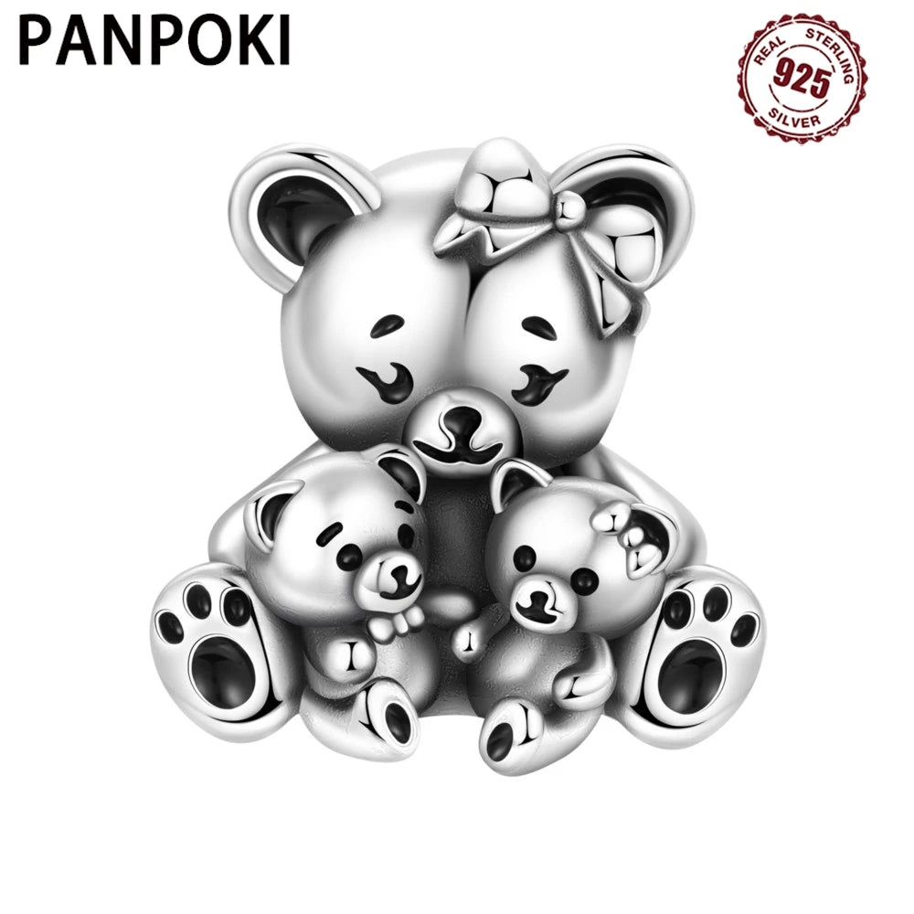 PANPOKI 925 Sterling Silver Cute Teddy Bear Animal Pendant Beads Original Pendants Bracelet Charm Jewelry Party DIY Gifts